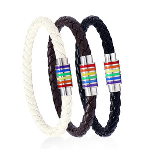 Venta al por mayor de esmalte tejido Pu cuerda trenzada magnética Lgbt brazalete joyería accesorios Arco Iris <span class=keywords><strong>Gay</strong></span> Pride pulsera de cuero - Product Image 1