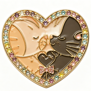 Épingle en métal plaqué or en forme de cœur avec chats en émail et strass, thème amour pour la Saint-Valentin - Product Image 3