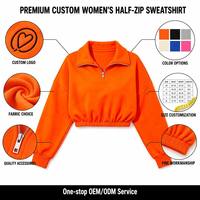 Sweat-shirt court à col zippé pour femme, orange fluo délavé à l'acide, à sequins, avec ourlet élastiqué, manches longues et épaules tombantes en molleton – Vente en gros