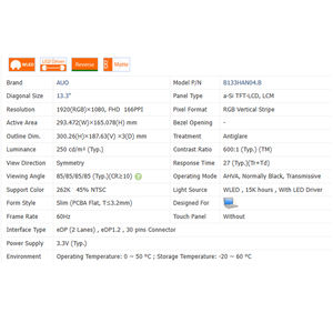 600:1 B133HAN04.B，250 Cd/<span class=keywords><strong>m</strong></span>全新无触摸16:9笔记本电脑液晶屏模块1920*1080 EDP 30针13.3英寸63% SRGB - Product Image 3