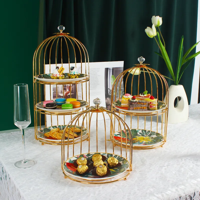 2021 Creative Bird Cage Food Display Stand Ceramic Three-tier Dessert Table Tray Double-layer Cake Stand