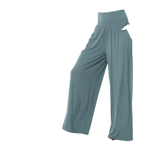 Pantalon de yoga plissé pour femme, taille haute croisée, coupe large, décontracté, doux et confortable, avec poches, taille élastique, grande taille, pour l'été - Product Image 1