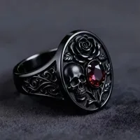 Bague de cocktail unisexe ZhuQian en alliage noir, squelette rose, style punk gothique, avec zircon rouge, idéale pour Halloween et anniversaires, bijoux de fête