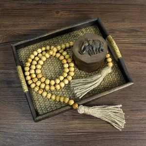 Guirnalda de cuentas de grano de madera de 59 pulgadas personalizada con borlas, cadena de cuentas de oración de madera rústica para colgar en la pared para decoración de festivales