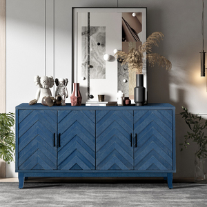 Buffet de salle à manger vintage Retroy à 4 portes, armoire de rangement bleu marine de 60 cm avec portes à panneaux en forme de M et base en bois massif - Product Image 3
