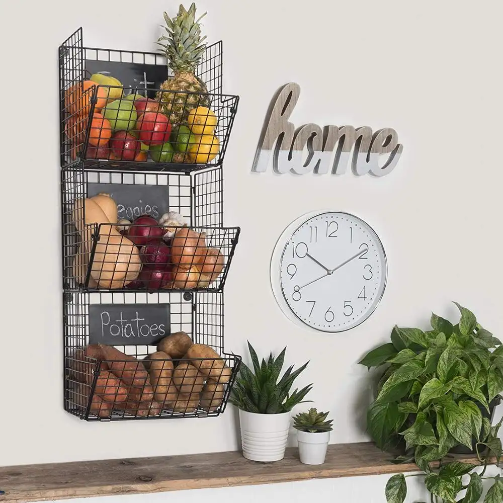 Wholesale home kitchen 3 tiers black wall mounted iron metal wire fruit storage basket vertical stacking metal storage basket