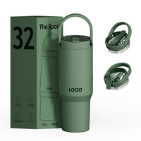 Gobelet isotherme de sport extérieur 32oz avec logo personnalisé, poignée détachable, en acier inoxydable 18/8, isolation sous vide et bouchon anti-poussière pour paille