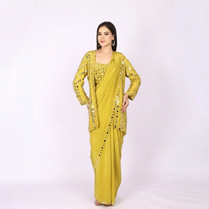 Luxury Designer Crepe Saree with <b>Jacket</b> with Mirror wok at full body and <b>jacket</b> with saree border For Every Occasion - Product Image 1