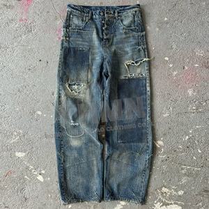 ズボンジーンズメーカーカスタムストリートウェアパッチウォッシュストレートフィット特大リップドヴィンテージディストレストメンズデニムパントホンブレ - Product Image 3