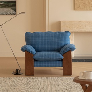 Fauteuil Chandigarh en bois massif, tissu bleu à carreaux, pour salon, maison ou café. - Product Image 2