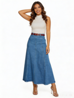 Jupe longue en jean taille haute pour femme grande taille, coupe trapèze, bleu foncé délavé, classique, en coton, pour l'été, vente en gros