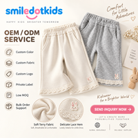 Pantalon Enfant Personnalisé Smiledotkids Beige Gris avec Patch Lapin et Ourlet Dentelle Taille Élastique OEM ODM Vente en Gros pour Tout-Petits