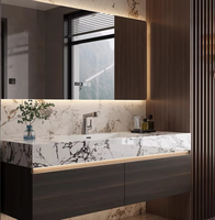 Ensemble de meuble-lavabo mural moderne pour salle de bain avec miroir numérique et étagère LED en verre, design en bois brun foncé