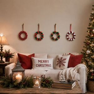 Karangan Bunga Lonceng Besi Merah Putih untuk Lemari Dapur, Ornamen Natal Kecil, Pita Kotak-kotak, Diameter 12cm, Gaya Farmhouse - Product Image 2
