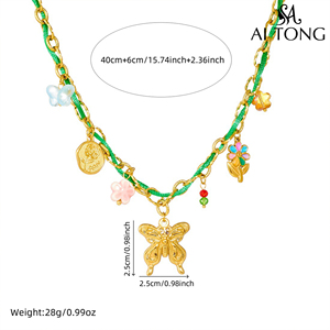 Collar de Acero Inoxidable con Flores Coloridas y Mariposas con Efecto de Goteo de Aceite, Envuelto <span class=keywords><strong>en</strong></span> Cuerda Verde, para <span class=keywords><strong>Vacaciones</strong></span>, Nuevo y <span class=keywords><strong>en</strong></span> Oferta - Product Image 4
