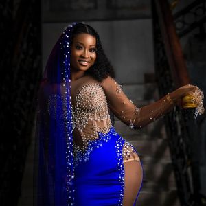 فساتين سهرة أفريقية زرقاء مخصصة على شكل حورية البحر مثيرة لعام 2025 للنساء، فساتين سهرة مزينة بالخرز بأكمام طويلة شفافة للحفلات الرسمية - Product Image 4