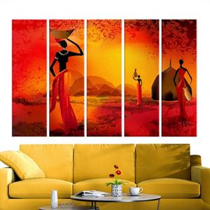 Panel Decorativo Impreso Art Deco, Elegante Mujer Africana en un Atardecer Vibrante, Arte de Pared Enmarcado en 5 Piezas - Product Image 1
