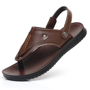 Sandales à lanières en T pour hommes en cuir de vachette pleine fleur, décontractées d'été, antidérapantes, style marron à enfiler pour la plage - Product Image 5