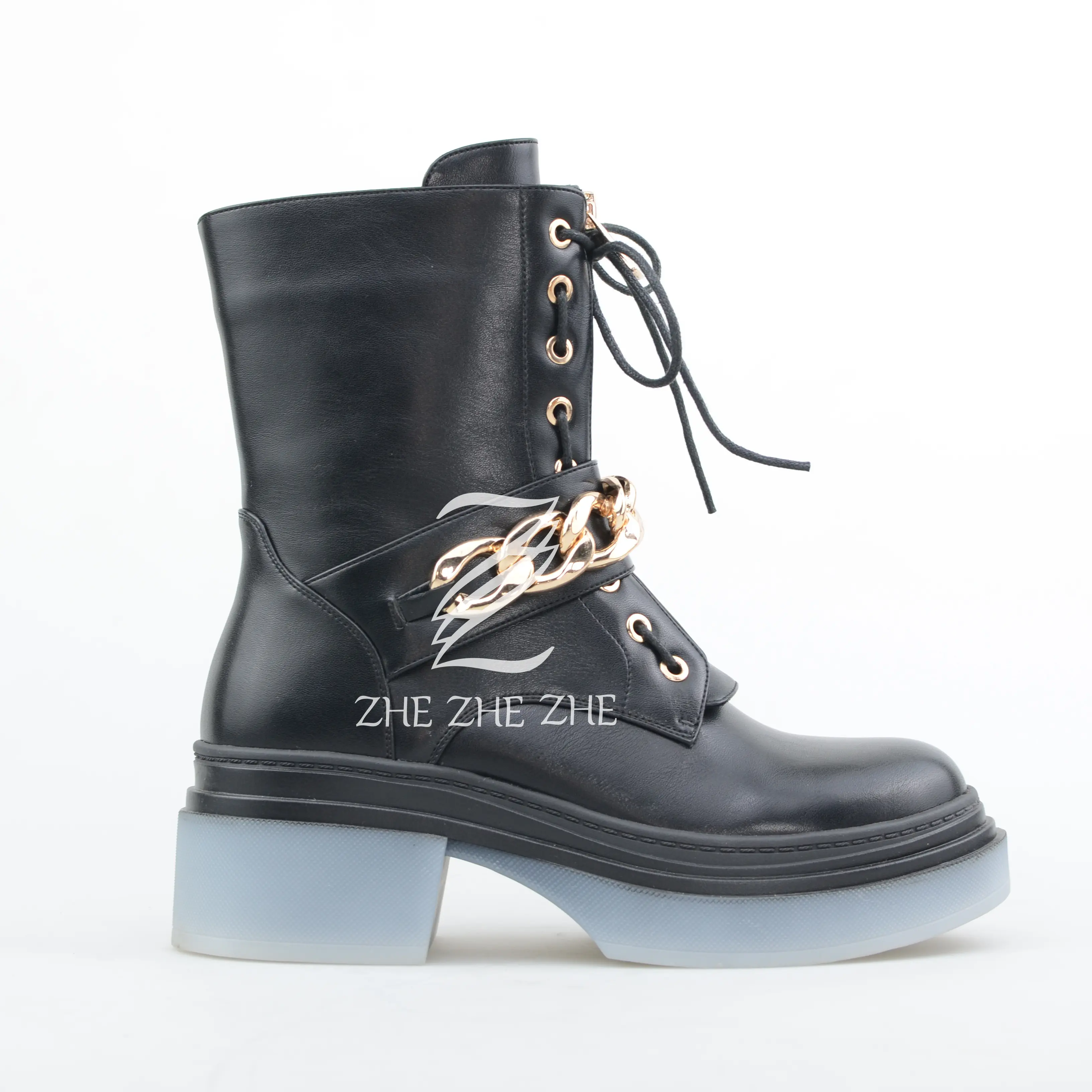 Ladies Flat Light Blue Thick Heel Martin Boots Chain Buckle Decorated PU Short Ankle Boots Anti-slip Motorcycle Boots for Woman