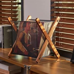 Estante para discos de madera, soporte de madera maciza con malla para almacenamiento de revistas y libros, diseño retro - Product Image 1