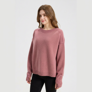Pull-over en tricot rose pour femme, col rond, manches longues, décontracté, pour l'automne, 100% acrylique, anti-boulochage, coupe classique - Product Image 2