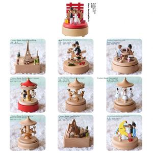 Boîte à musique en bois créative ronde gravée, mécanique, à remonter, avec carrousel rotatif, pour la Saint-Valentin, cadeau de Noël - Product Image 2