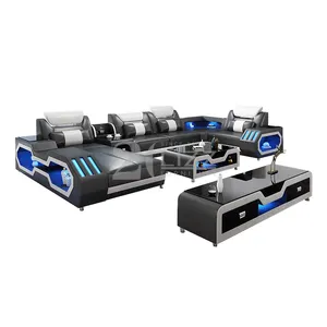 Modern Luxury U Shape Genuine Leather LED Seational Sofa Furniture Set with Wireless charging,Music speaker