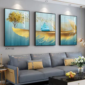 Modern Canvas Wall Art Pictures Golden Feather and Yellow Tree Paintings Posters for Farmhouse, Prints for Office