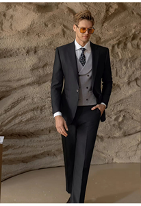 Costume de mariage sur mesure en laine noire haut de gamme pour <span class=keywords><strong>homme</strong></span>, coupe ajustée, costume d'affaires à un bouton, <span class=keywords><strong>ensemble</strong></span> <span class=keywords><strong>trois</strong></span> pièces - Product Image 3