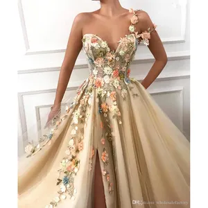One Shoulder Prom Dresses Ruched A Line Front Slit Tulle Hand Made Flowers Plus Size Party Evening Gowns