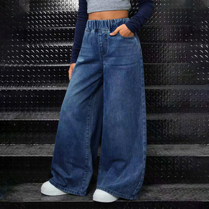 Pantalon en <span class=keywords><strong>jean</strong></span> décontracté chic pour adolescentes, taille haute élastique, coupe ample et large, poches latérales classiques, confortable, polyvalent, style streetwear, personnalisable - Product Image 1
