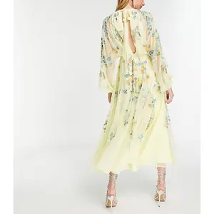 Vestido midi feminino com estampa floral, decote redondo, manga longa, elegante, moda feminina 2023