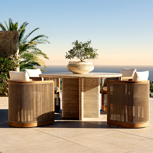 Ensemble de salle à manger d'extérieur en teck moderne 4 places, résistant aux intempéries, mobilier de jardin, chaises en rotin de style méditerranéen - Product Image 1