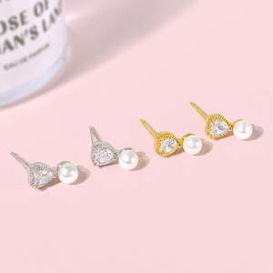 Korean Trendy 18k Gold Plated Waterproof Cubic Zirconia Pearl Heart Stud Earrings for Women - Product Image 3