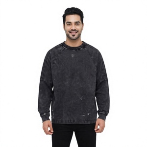 Sweat-shirt à col rond en coton lavé surdimensionné pour homme, manches raglan, couleur unie, décontracté, tricoté pour l'automne - Product Image 1