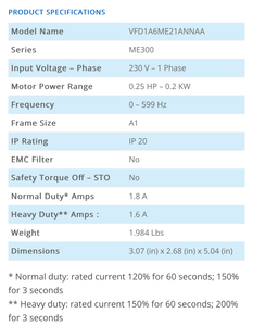 Variador de Frecuencia Variable (VFD) Monofásico de Alta Calidad Serie ME300, 0.2kW, 230V, Certificado CE, IP20, VFD1A6ME21ANNAA - Product Image 4