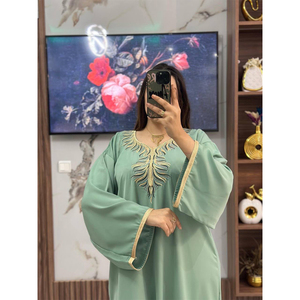 Exquisite Premium Seamless Crepe Embroidered Ethnic Loose Fit Long Sleeve V Neck <b>Kaftan</b> Dress Distinctive Sleeve Details - Product Image 2