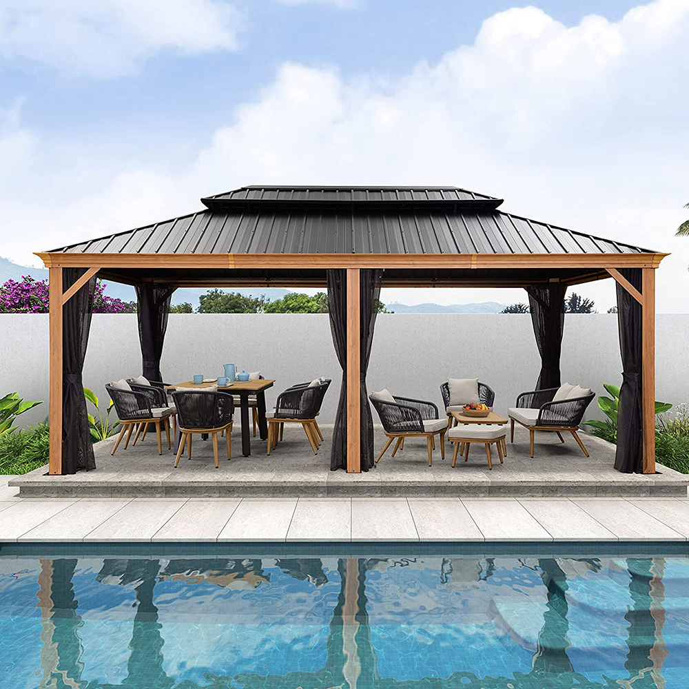 New Design Hardtop 12x20 Wood Looking 12x12 Rectangular 3.65m*5.95m Gazebo With Low Price