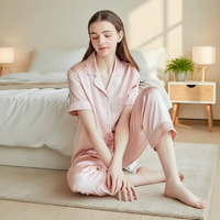 Ensemble de pyjama en satin 100 % soie teintée, élégant et luxueux, à manches courtes, décontracté, doux, pour femme, été, automne, printemps, avec élastique
