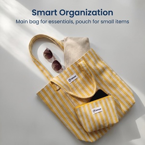 Bolso de mano de lona a rayas teñidas con hilo, personalizado de alta gama, bolso de compras de moda para mujer con pequeña bolsa de maquillaje para mujer - Product Image 3