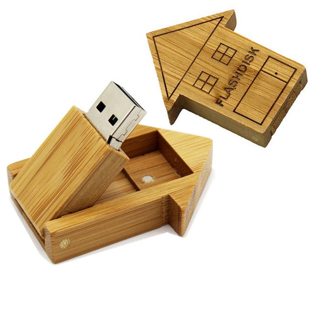 Wooden House Design Eco-friendly Laser Engraved 8GB 16GB 32GB USB 2.0 Flash Drive Creative Bamboo Wood Flip USB Metal Gift