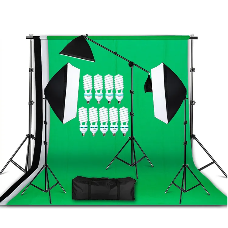 Hot Sale Studio Equipment 3 pcs 50*70cm Photography Soft Box and 2*3m Background Stand Set with Black White Green Backdrop