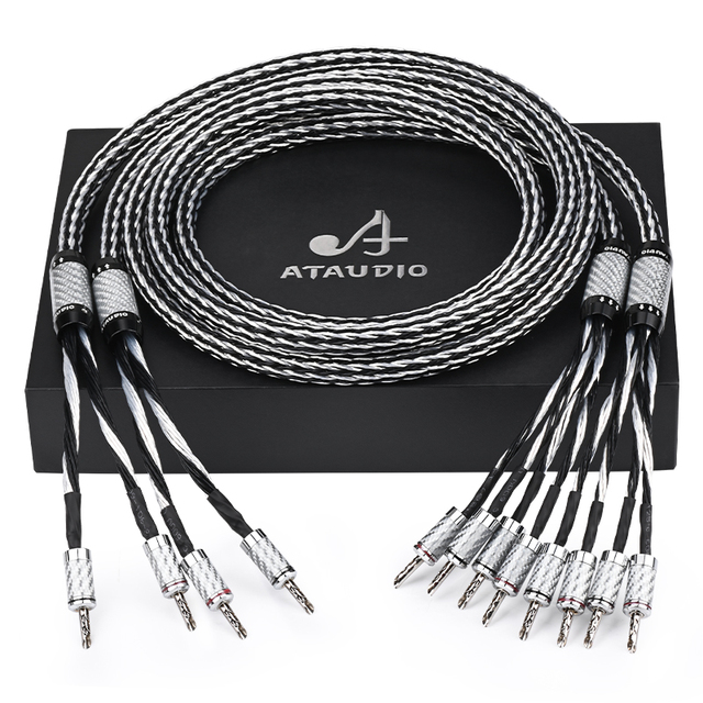 For Audiophile HIFI Bi-Wiring 24 Strands OCC Silver Speaker Cable with Carbon Fiber Banana Plug for DVD Player Speaker Amplifier