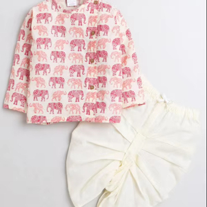 Kurta pour bébé garçon avec imprimé éléphant ethnique et pantalon dhoti, tenue traditionnelle pour enfants, vêtements de fête confortables en coton pour tout-petits - Product Image 1