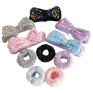 cute Face Washing Plush Hairband soft Coral Fleece wash face make up hair band spa bowknot sequin headband