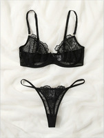 Ensemble de Lingerie en Dentelle Noire Rose pour Femme, Soutien-Gorge à Armatures en Maille et Culotte String, Ensemble 2 Pièces Transparent, Lingerie Intime