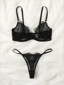 Conjunto de lencería de encaje negro al por mayor para mujer, sujetador con aros y bragas de tanga de malla, conjunto de 2 piezas, lencería transparente. - Product Image 2