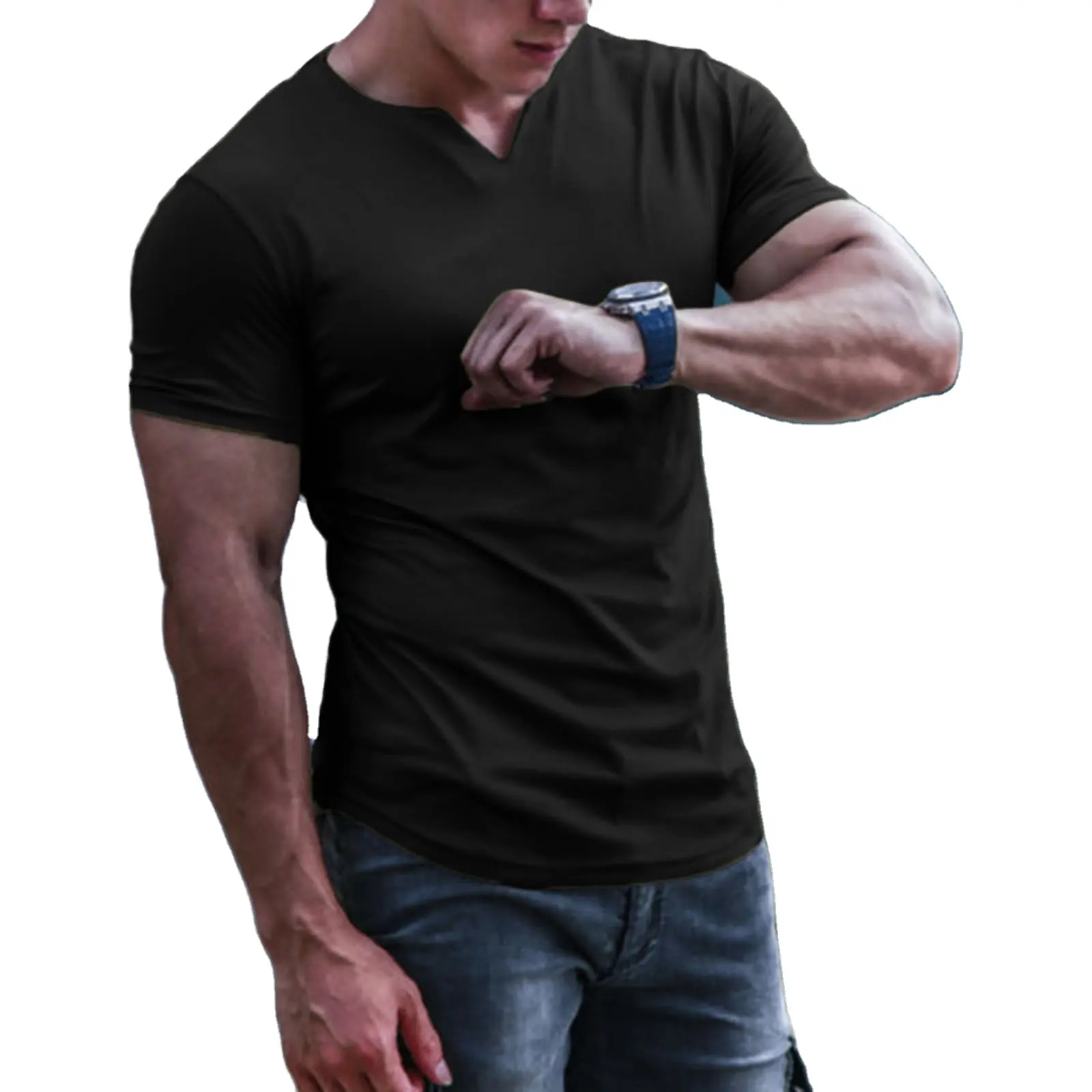 High Quality Cotton Spandex Sportswear Custom Logo Blank Tee Shirt V neck Slim Fit T shirts Men