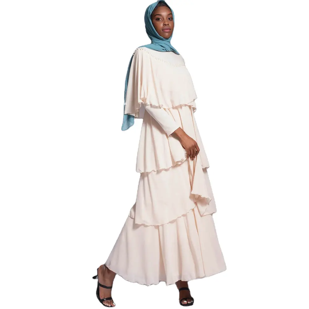 New Pearls Cape Triple Layered Chiffon Maxi Dress Ruffles Kaftan Abaya Dubai 2022 Islamic Long Jilbab Muslim Dress For Women