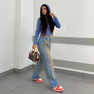 Pantaloni <span class=keywords><strong>Jeans</strong></span> da <span class=keywords><strong>Donna</strong></span> Stile Street a Vita Alta con Lavaggio Retrò Sfumato, Strappi, Schizzi di Inchiostro e Taglio Dritto per il Tempo Libero - Product Image 3